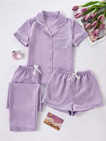 Bộ đồ ngủ nữ 3 món mùa xuân hè, màu trơn, chất liệu jacquard kẻ sọc, có túi trước và cúc cài, tay ngắn, gồm quần short và quần dài, dáng rộng, thoải mái.