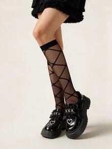 1双女士黑色格子薄纱过膝袜，超薄夏季款式，日常穿搭必备 - 彩色 - 查看 3