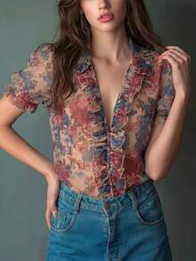 小众设计夏季新款女士短袖印花半透明V领百搭优雅复古简约修身休闲衬衫 - 优雅V领泡泡袖雪纺上衣度假 - 杏色 - 查看 3