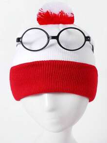 暖红色和白色“威利在哪里？”针织帽和无框眼镜，角色扮演游戏，节日派对礼物，冬季男女通用情人节圣诞帽 - 彩色 - 查看 13