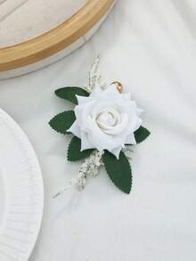 1pc/6pcs Premium White Rhinestone Rose Flower With Baby's Breath Artificial Green Plant Corsage, Suitable For Groom, Bride, Groomsman, Bridesmaid, Wedding, Engagement, Anniversary, Banquet, Party, Travel,Summer,Beach - White - View 4