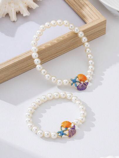 Set de 2 piezas de joyería con tema oceánico - Pulsera y tobillera con colgante de perla multicolor, adecuado para bodas, fiestas, bodas en la playa y atuendos de vacaciones