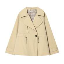Women's Spring Beige Short Trench Coat, Oversized Lapel, Drawstring Waist Belt, Lightweight Casual Work Office Autumn Jacket - Khaki - View 4