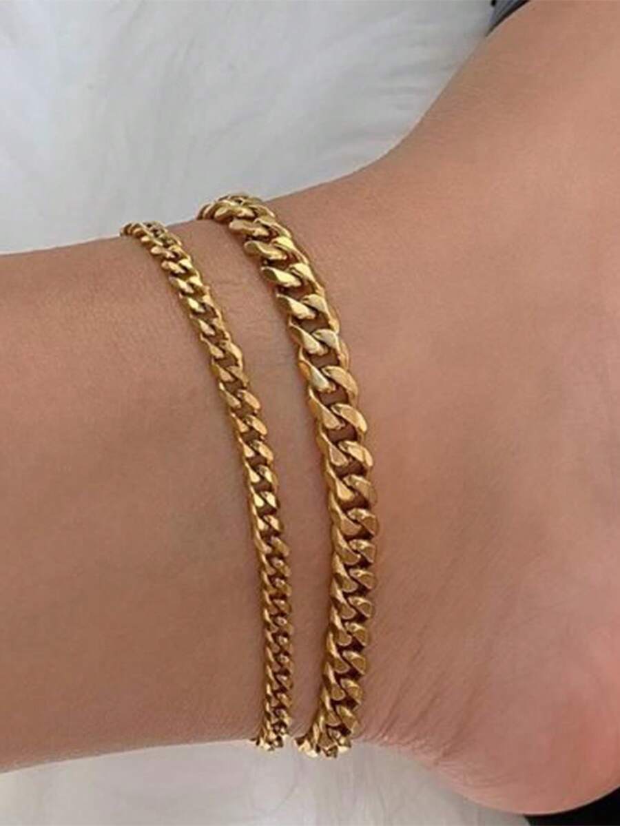 2件套金色不锈钢链脚链，女士沙滩链饰品 - 金黃色 - 查看 1