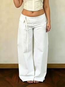 Women's Plus Size Casual Pants Fashionable Solid Color Waist Tie Loose Fit Wide Leg Pants - Blanco - Ver 4