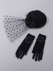 2 Stück Vintage Tee-Party Set, beinhaltet gepunkteten Schleier und Rosen Handschuhe, elegantes Blumenmädchen Outfit - Hut+Handschuhe - Übersicht 4