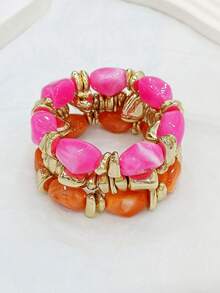 Juego de 3 pulseras de mujer de estilo bohemio vintage, gruesas, multicapa, de cuentas acrílicas multicolor y piedra triturada dorada - Multicolor - Ver 6
