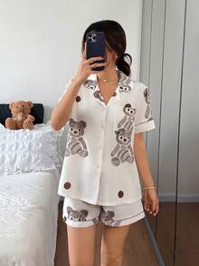 Dreamivo Conjunto de pijama de verano con diseño de oso, cómodo y suelto, con cuello polo, botones delanteros, bolsillo y mangas cortas, apropiado para primavera y otoño, para mujeres - Albaricoque - Ver 2