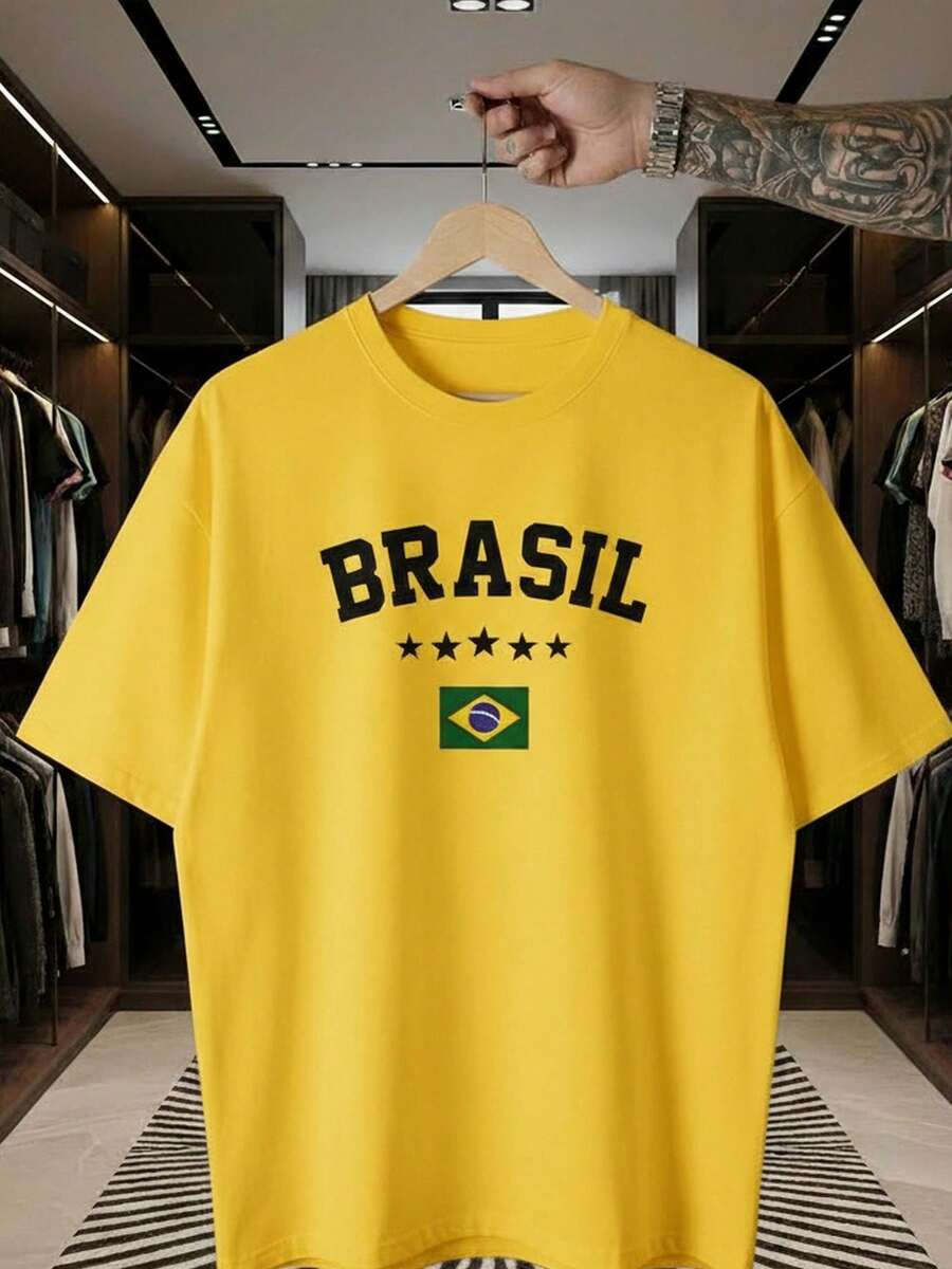 Stylish Sports T-Shirt For Fans Of The World Cup, Brazilian National Football Team, Green And Yellow, Short Sleeve, Men's And Women's, 100% Cotton, Casual, Crew Neck - 黃色 - 查看 1