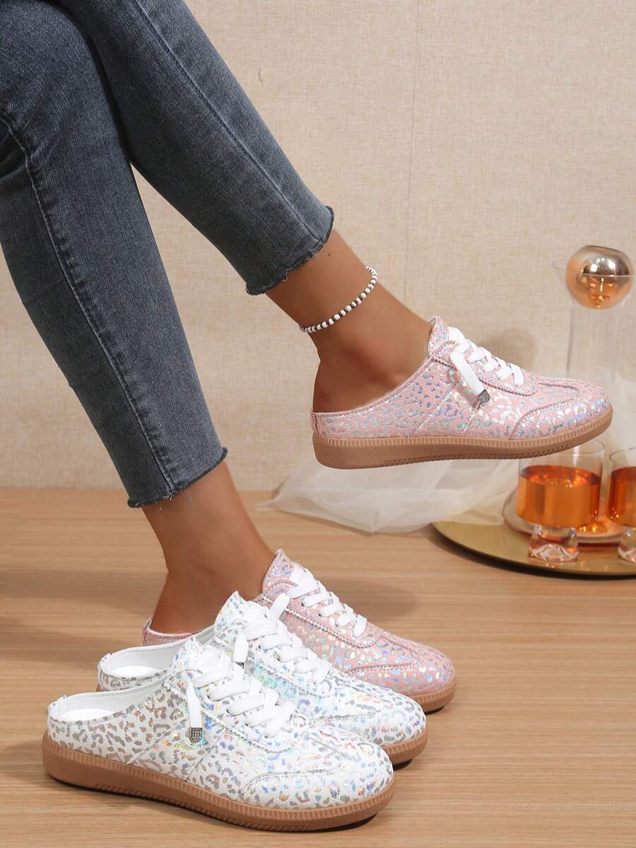 1 Pair Women's Silver Lace-Up Flat Open-Toe Casual Sports Shoes, Collegiate Casual Style, Comfortable & Versatile For Spring/Summer, Pink - Silver - View 1