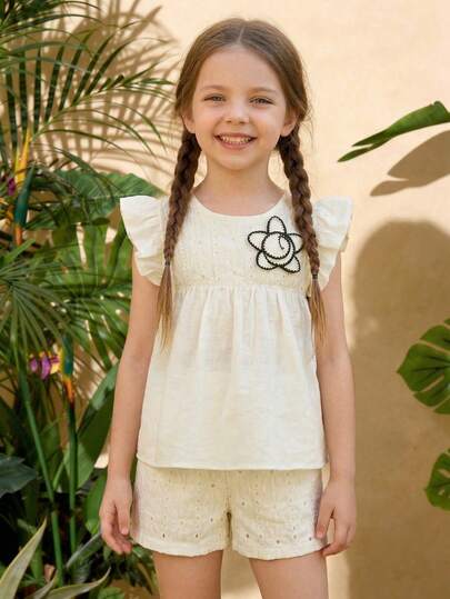 2件套女童休闲时尚3D立体花卉提花针织泡泡袖上衣短裤套装，适合日常穿着，夏季