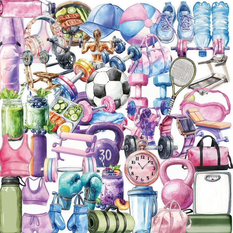 50 piezas Pegatinas vintage de dibujos animados transparentes, lindos y con graffiti de fitness y deportes, para manualidades DIY, guitarra, taza, casco, decoración creativa de vacaciones papelería libro de sticker estikers - por defecto - Ver 1