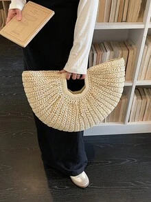 1个大容量草编手拿包，云朵形半圆形沙滩包，适合旅行和日常购物 - 米色 - 查看 6