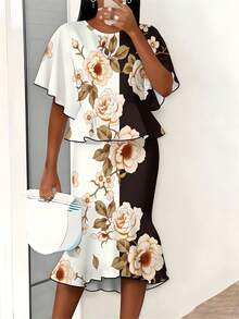 Women's Plus Size Round Neck Pleated Top Dress Set Fashion Set Floral Pattern With Roses And Leaves On White And Black Background - style - 查看 2