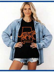 Auburn Shirt, Town Of Auburn Shirt, Saturdays In Auburn Shirt220G Heavyweight% Cotton-Shirt. With Print Pattern, Suitable Girls And Wo's Short Sved Round Neck Inspirational Shirt, Cute Aesthetic Y2K Style Summer Top, Suitable Outdoor, Family, Work Or Street Wear Casual Loose Daily-Shirt - 黑色 - 查看 5