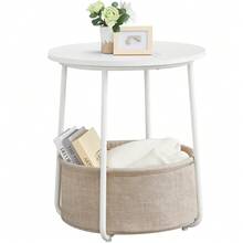 Mesa Auxiliar, Mesa Lateral Redonda con Cesta de Tela, Mesita de Noche, Estilo Moderno, Blanco Nube y Beige Natural MLET223W10 - Redondablanco - Ver 3