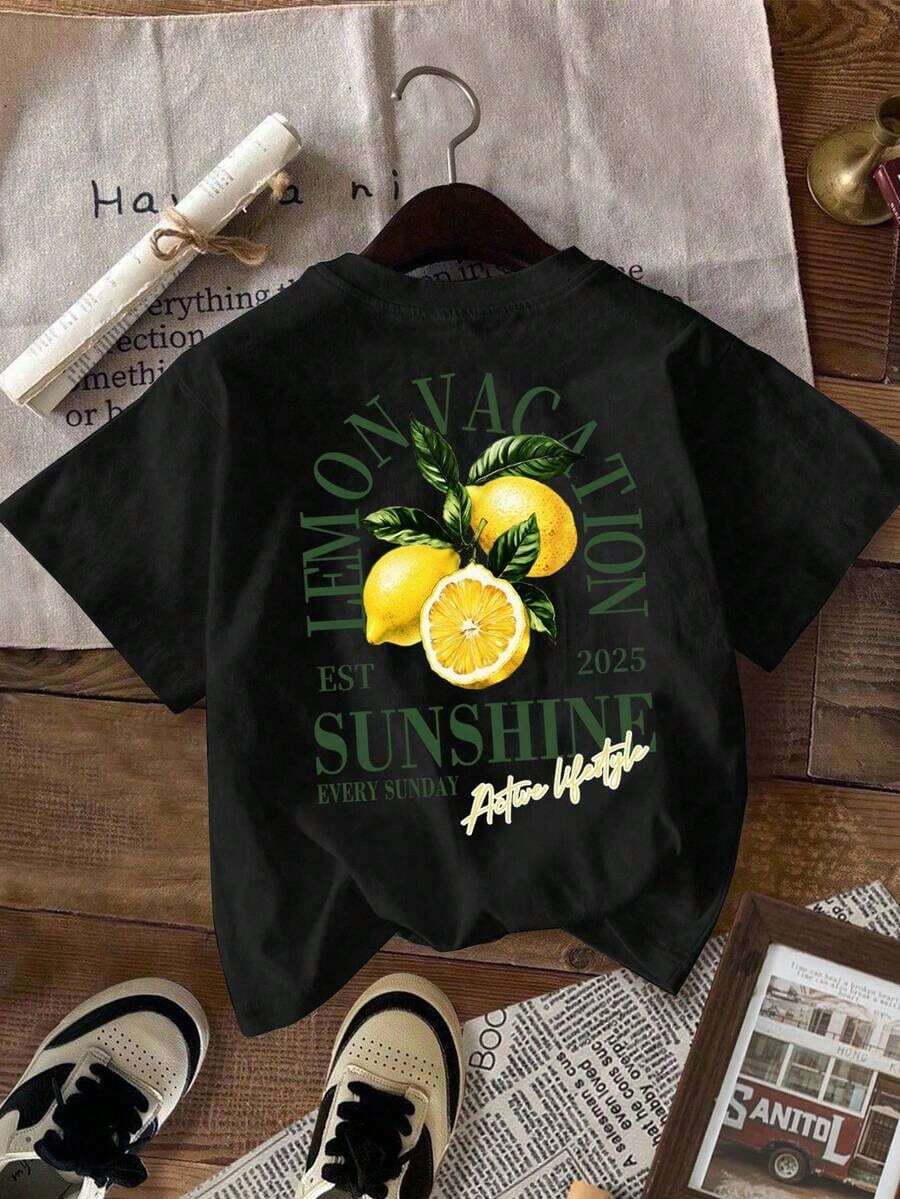 Camiseta casual y holgada de mujer de cuello redondo y manga corta, con estampado de limón, adecuada para el verano woman Todo tipo de impresiones, chaqueta, camiseta de cuello redondo, casual, para oficina, para viajar, muy popular, viento deportivo, estampado/patrón, camiseta de algodón 100%, camiseta casual, cómoda, suave, transpirable The latest popular bestseller - Negro - Ver 1