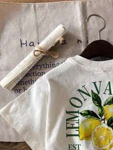 Women's Short-Sleeved T-Shirt, Round Neck, Fitted, Lemon Print, Suitable For Summer, Cotton T-Shirt, Summer Outfit - White - View 5
