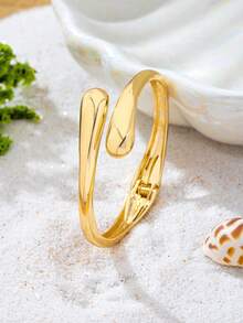 3pcs/Set Minimalist Gold-Plated Bamboo Knot & Seashell Asymmetrical Water Drop Thick Bracelet Set, Suitable For Women, Coarse Texture Smooth Heavy Metal And Zinc Alloy Material Bracelet Set, Beach Resort European And American Style - Yellow Gold - View 7