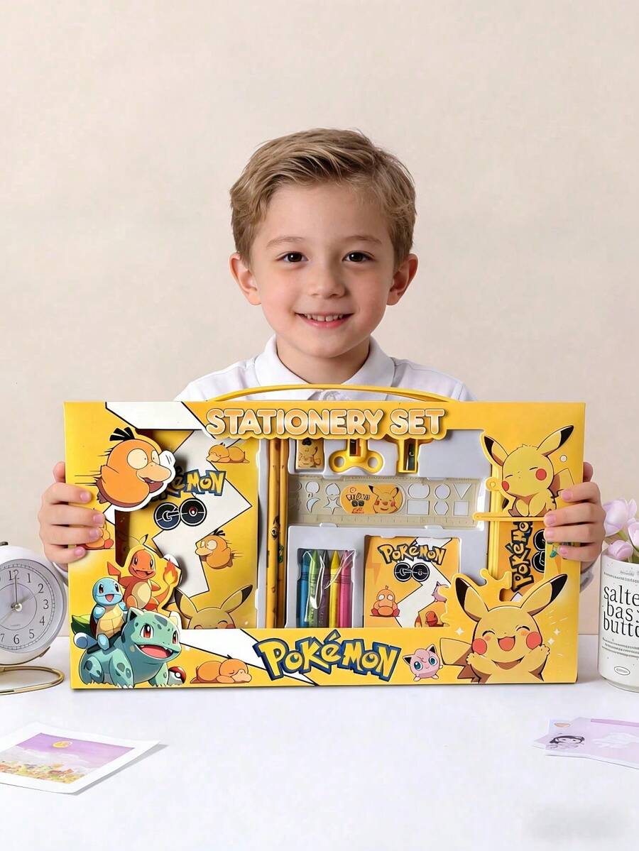 pokemon Pokémon Cartoon Style Stationery Gift Set, (6pcs/8pcs/12pcs/14pcs) Including Pencil, Notebook, Pencil Sharpener, Pencil Case, Ruler, Eraser And Crayons, Pokémon - Set - View 1