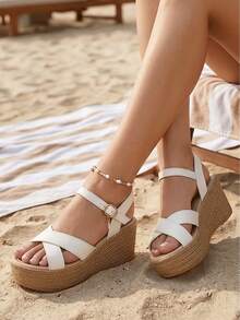 Minimalist Leather Lightweight Thick Sole Criss-Cross Strap Sandals, White Wedge Heel Beach High Heels For Summer - White - View 9