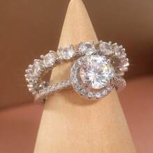2pcs/Set Round Cut White Cubic Zirconia Rings, Vintage Decorative Art Style, Women's Engagement Rings, Handmade Promise Rings, Christmas Gift - Silver - View 8