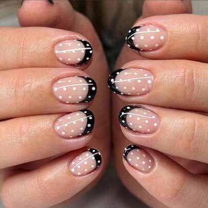 24pcs Short Square Nude Pink & Black Polka Dot Retro Nail Art Stickers, Nail Wraps