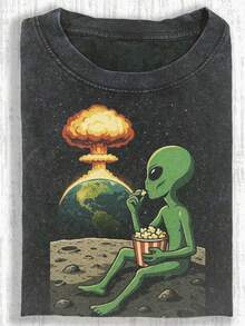 Funny Alien Eating Popcorn T-Shirt - Unisex Casual Tee With Popcorn-Eating Alien Graphic, Soft Stretch Fabric, Round Neck Short Sleeve Shirt Suitable For Men & Women, Funny Gift For Movie Nights & Parties (Comfortable) - màu đen - Xem 1