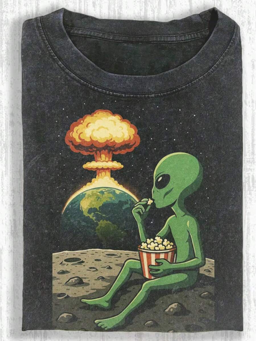 Funny Alien Eating Popcorn T-Shirt - Unisex Casual Tee With Popcorn-Eating Alien Graphic, Soft Stretch Fabric, Round Neck Short Sleeve Shirt Suitable For Men & Women, Funny Gift For Movie Nights & Parties (Comfortable) - màu đen - Xem 1