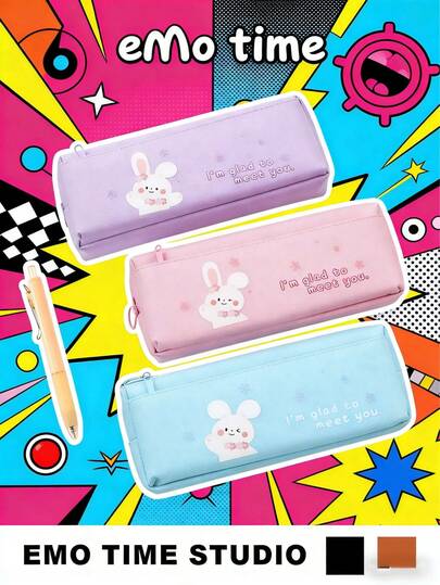 1个双层大号铅笔盒，牛津布加厚兔子印花笔袋，可爱卡通拉链铅笔袋，印有“很高兴认识你”字样，大容量文具收纳袋，返校礼物收纳袋