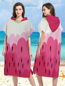 1pc Interesting Watermelon Print Polyester Hooded Poncho, Plus Size Beach Towel - Watermelon Design, Beach Towel, Soft & Durable Polyester Bathrobe, Suitable For Swimming, Travel And Beach Vacation, Men And Women Bathrobes, Beach Towels, Women Bathrobes, Beach Decor, Outdoor Decor - Multicolor - View 12