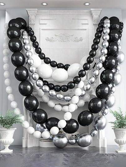 12 piezas de globos de látex de 10 pulgadas en negro, blanco y plateado metálico con colas, globos de látex enlazables adecuados para fiestas de cumpleaños, despedidas de soltero, bodas, compromisos, baby shower y decoración