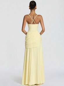 Casual Sexy European And American Elegant Women Backless Shoulder Straps Sleeveless Drape Party Temperament Long Dress Dress - 黃色 - 查看 4