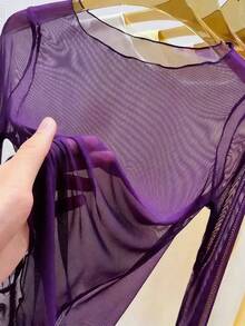 蕾丝透视网纱长袖上衣，百搭内搭或外穿，宽松版型，展现妈妈风范，尽显年轻活力。 - 紫色 - 查看 3