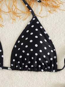 Women's Polka Dot Halter Bikini Set, Cute Tie-Side Swim Bottoms, Medium Stretch Fabric, Perfect For Beach Vacation Summer - 黑白 - 查看 5
