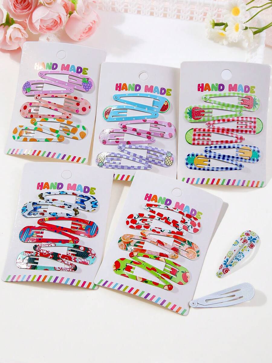 30pcs/Set Girls Colorful Random Tropical Print/Fruit Full Print/Flamingo Water Drop/Random Cute Bear Style Simple Lovely Princess BB Hair Clips, Suitable For Daily Use,Festival,Party - Multicolor - View 1