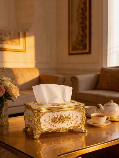 1pc Rose Flower Pattern Paper Towel Box, Luxury European And American Style Gold-Plated Tissue Box, Suitable For Living Room, Bathroom, Vanity, Nightstand, Kitchen, Hotel, KTV, Bar, Restaurant, Home Use