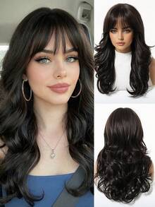 20 Inch Long Wavy Wig With Meidum Part Bangs For Women, Ombre Dark Brown Synthetic Hair, Heat Resistant Natural Looking Fake Hair For Daily Party Cosplay - Chocolate Brown - View 3