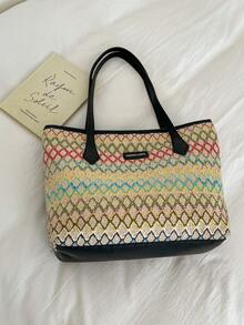 大容量编织刺绣沙滩手提包，草编单肩包，时尚格子单肩通勤手提包 - 黑色 - 查看 7