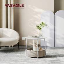 Mesa Auxiliar, Mesa Lateral Redonda con Cesta de Tela, Mesita de Noche, Estilo Moderno, Blanco Nube y Beige Natural MLET223W10 - Redondablanco - Ver 2