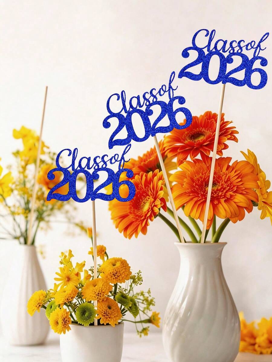 6件套2026届毕业班蓝色桌面摆件，毕业班中心摆件，带支架的毕业派对装饰，2026届毕业派对桌面装饰，闪光桌面装饰，毕业派对装饰 - 蓝色