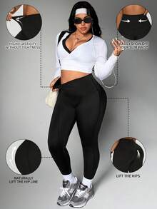 1pc Women's Plus Size Casual Pants, Comfortable Slim Fit Yoga Leggings For Outdoor, Suitable For Spring, Summer, Autumn, Winter Sports - Black - View 5