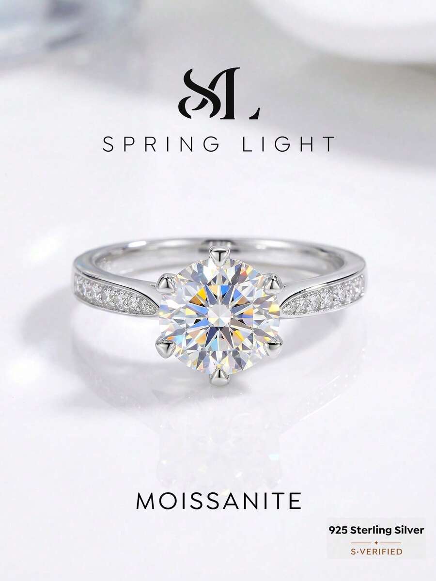 1 chiếc nhẫn bùa may mắn đính đá Moissanite 1 carat, 6 chấu, bạc S925, thích hợp làm quà tặng đính hôn, quà kỷ niệm cho vợ/bạn gái, và trang sức cưới. - Bạc - Xem 1