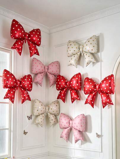 6pcs Bow Tie Balloons Decoration - Heart Polka Dot Pattern, Red, Pink And Cream White Bow Tie Foil Balloons, Perfect For Birthday Party Decor, Bow Tie Theme Party, Graduation, Anniversary, Engagement, Wedding, Proposal, Red Background Wall, Romantic Special Night, Background Wall Decor, Influencer Photo Props, Holiday Gifts, Party Supplies, Essential For Party Decoration.