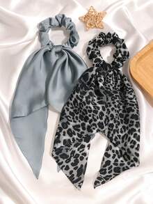 2 piezas Bufanda larga de satén de estampado sólido y de leopardo, estilo bohemio casual retro de palacio, fiesta linda, calle, poliéster, accesorios de viaje para todas las estaciones, sujetadores de coleta, bandas elásticas para el cabello, bandas de goma para el cabello, scrunchies, cuerda para el cabello - Gris - Ver 2