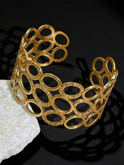 1件几何圆形多功能开口手镯，时尚金色不锈钢宽手镯，女士款