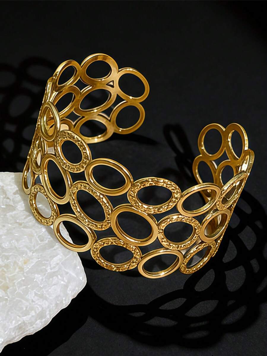 1pc Geometric Circle Versatile Open Bangle Bracelet, Fashionable Gold Stainless Steel Wide Cuff Bracelet For Women - Circular - View 1