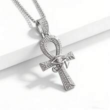 1pcsEgyptian Ankh Necklace, Micro Paved CZ Eye Of Horus Pendant, Gold Tone Stainless Steel Chain, Ancient Egypt Symbol Jewelry Daily Wear Party - 銀色 - 查看 4