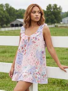 Women Floral Sleep Dress Loose Ruffle Trim V Neck Sleeveless Mini Pajama Dress Casual Summer Sleepwear - Rosa - Ver 5