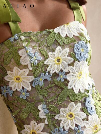 ALIAO Women's Fresh Floral Embroidered Mesh Camisole Top With Tie Bow, Cropped Midriff-Revealing, Suitable For Spring/Summer Outings And Vacations Casual